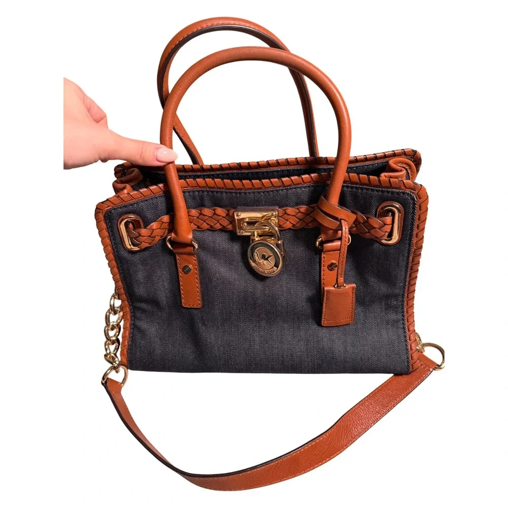 Michael Kors Hamilton Whipstitch Denim Leather Satchel Shoulder Bag Purse